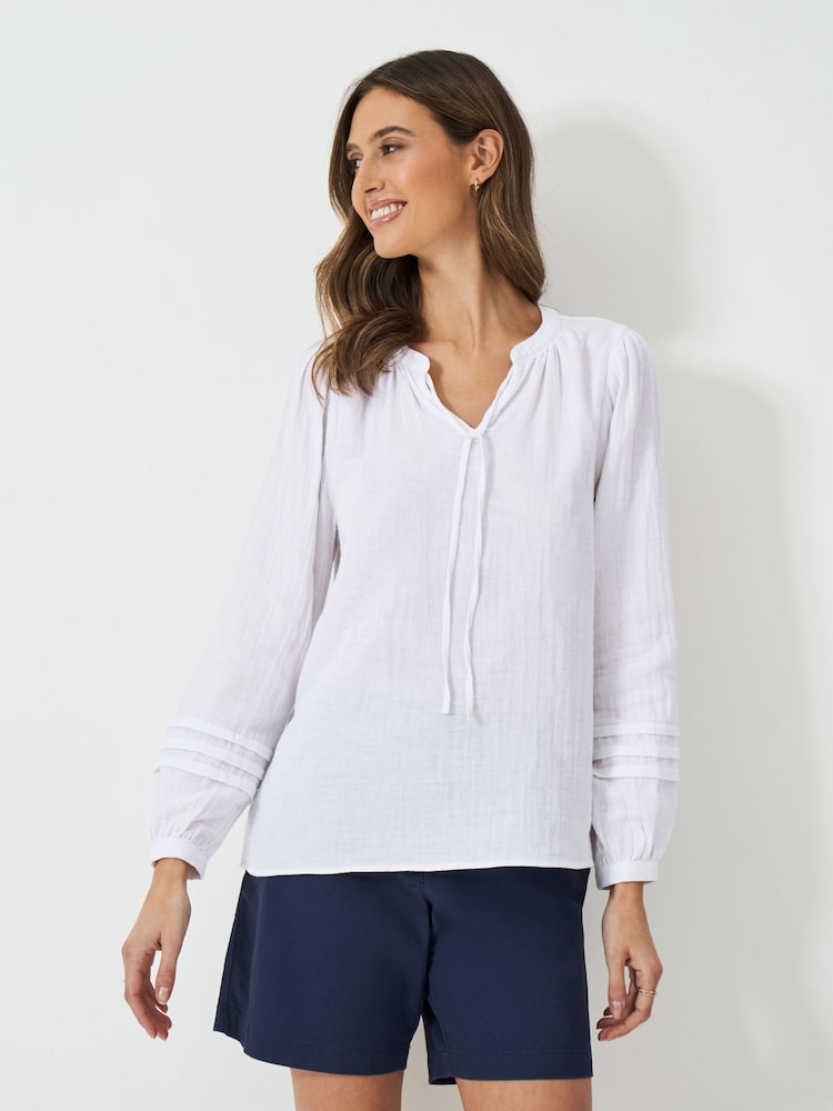 Crew Clothing Company White Eden Double Cloth Tie 100% Cotton Blouse - Image 1 of 5