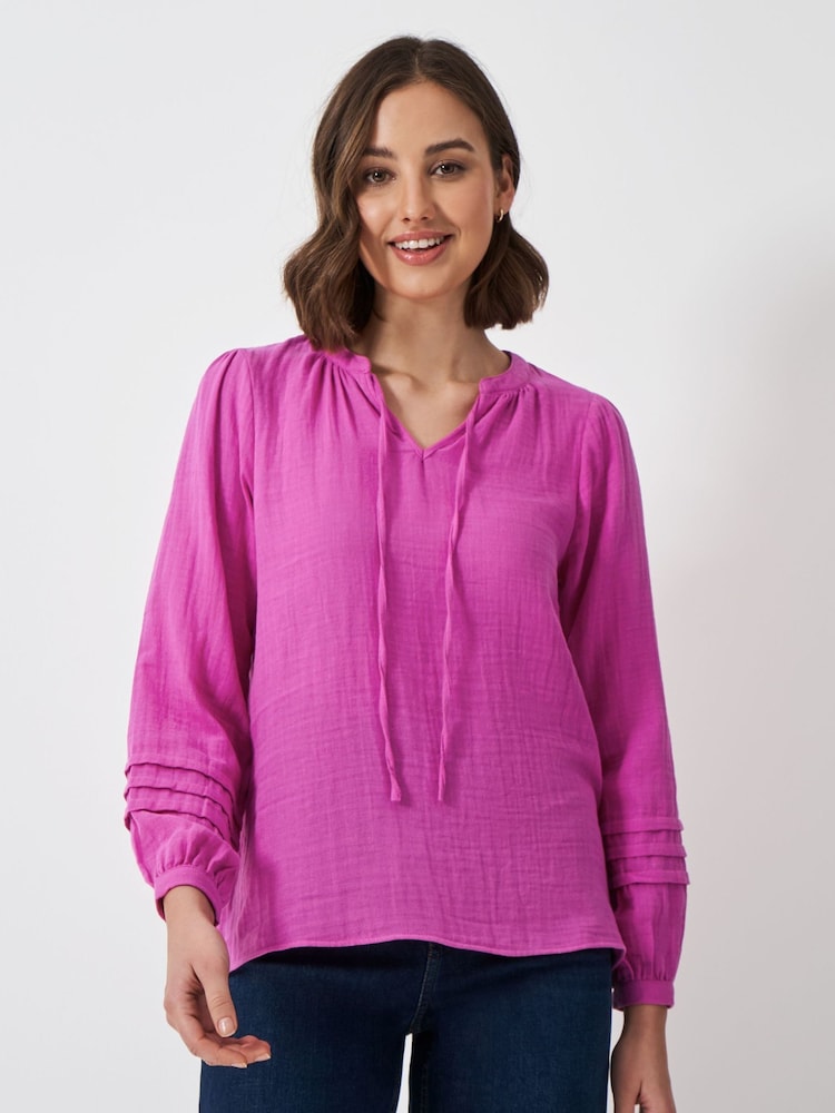 Crew Clothing Company Pink Eden Double Cloth Tie 100% Cotton Blouse - Image 1 of 5