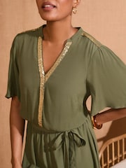 Love & Roses Khaki Green Sequin Trim Belted Short Sleeve Mini Dress - Image 2 of 4