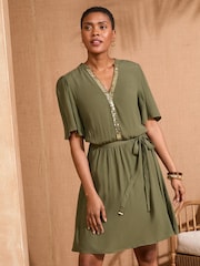 Love & Roses Khaki Green Sequin Trim Belted Short Sleeve Mini Dress - Image 3 of 4