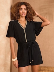 Love & Roses Black Petite Sequin Trim Belted Short Sleeve Playsuit - Image 3 of 4