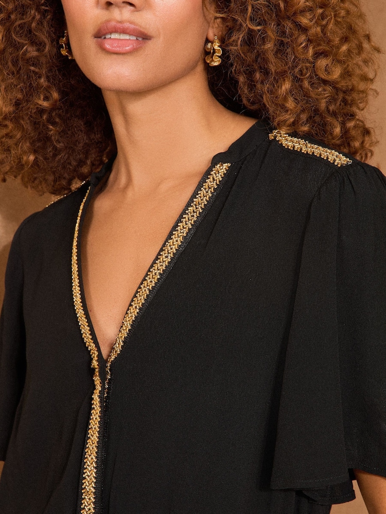 Love & Roses Black Sequin Trim Belted Short Sleeve Playsuit - Image 2 of 4 Love & Roses Black Sequin Trim Belted Short Sleeve Playsuit - Image 2 of 4