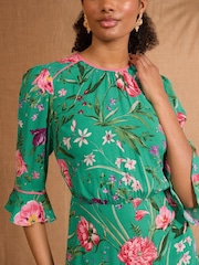 Love & Roses Green Floral Crew Neck Flute Sleeve Tea Dress - Image 2 of 5