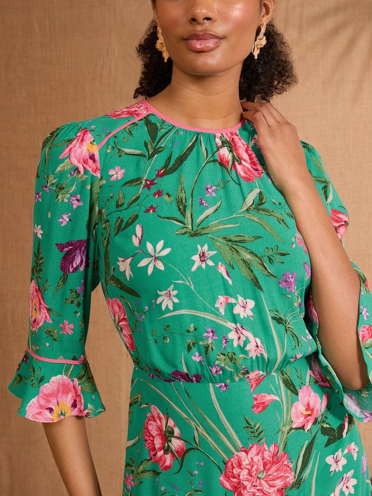Love & Roses Green Floral Crew Neck Flute Sleeve Tea Dress - Image 2 of 5
