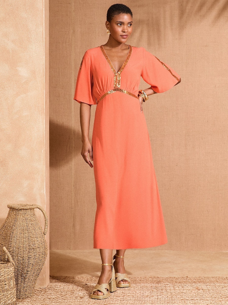 Love & Roses Orange Sequin Angel Sleeve Midi Dress - Image 1 of 4 Love & Roses Orange Sequin Angel Sleeve Midi Dress - Image 1 of 4