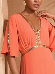 Love & Roses Orange Sequin Angel Sleeve Midi Dress - Image 2 of 4