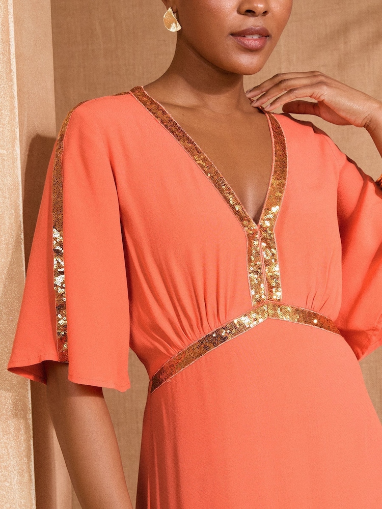 Love & Roses Orange Sequin Angel Sleeve Midi Dress - Image 2 of 4 Love & Roses Orange Sequin Angel Sleeve Midi Dress - Image 2 of 4