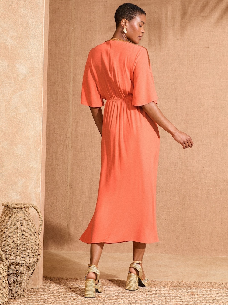Love & Roses Orange Sequin Angel Sleeve Midi Dress - Image 3 of 4