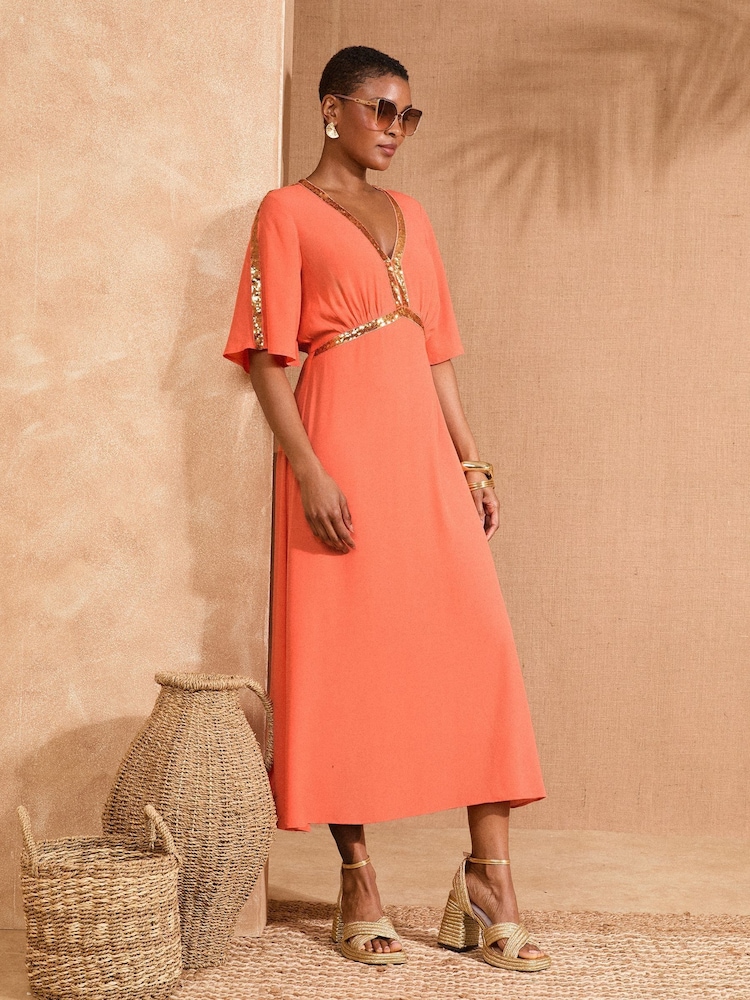 Love & Roses Orange Sequin Angel Sleeve Midi Dress - Image 4 of 4 Love & Roses Orange Sequin Angel Sleeve Midi Dress - Image 4 of 4