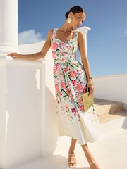 V&A I Love & Roses Printed Cami Midi Dress With Linen - Изображение 1 из 4