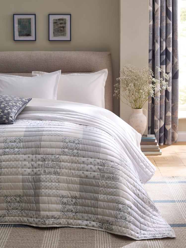 Grey Floral Print Patchwork Bedspread - Image 1 of 5 Grey Floral Print Patchwork Bedspread - Image 1 of 5
