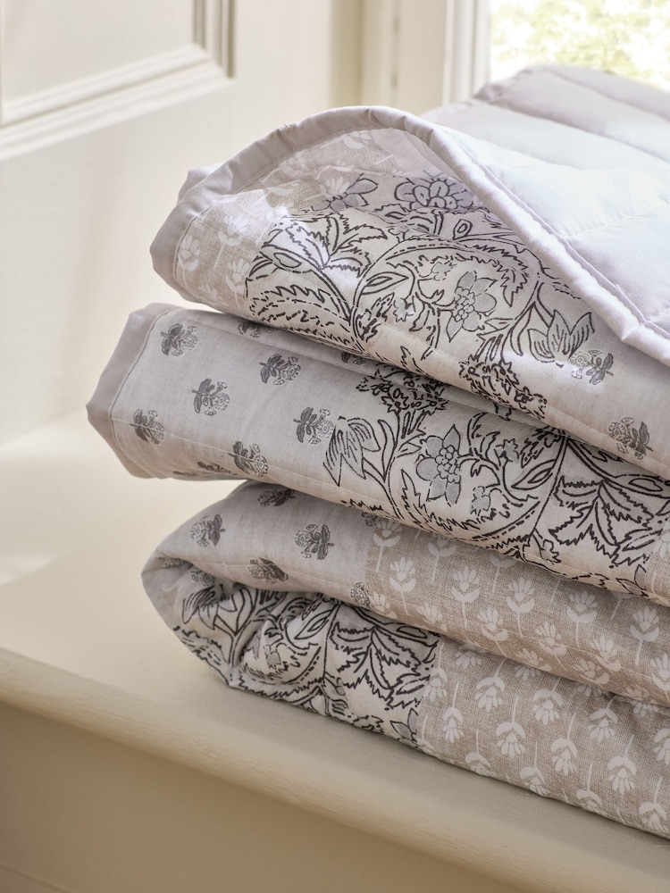 Grey Floral Print Patchwork Bedspread - Image 2 of 5 Grey Floral Print Patchwork Bedspread - Image 2 of 5