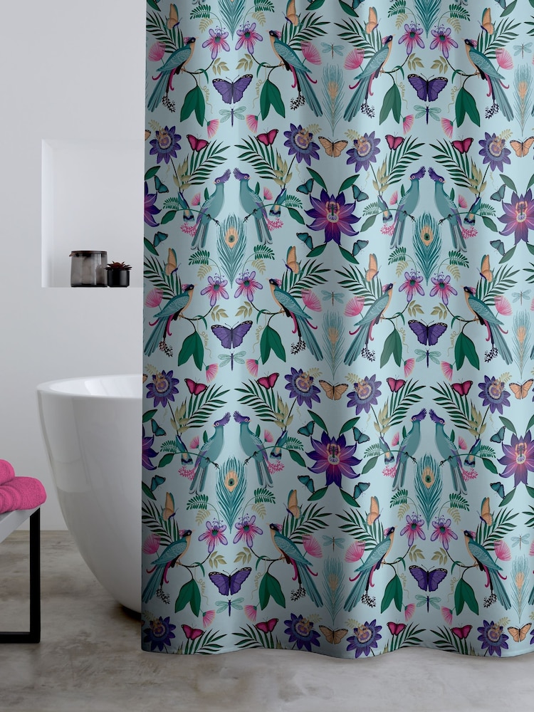 Catherine Lansfield Duck Egg Mya Tropical Bird Shower Curtain Panel - Image 2 of 2