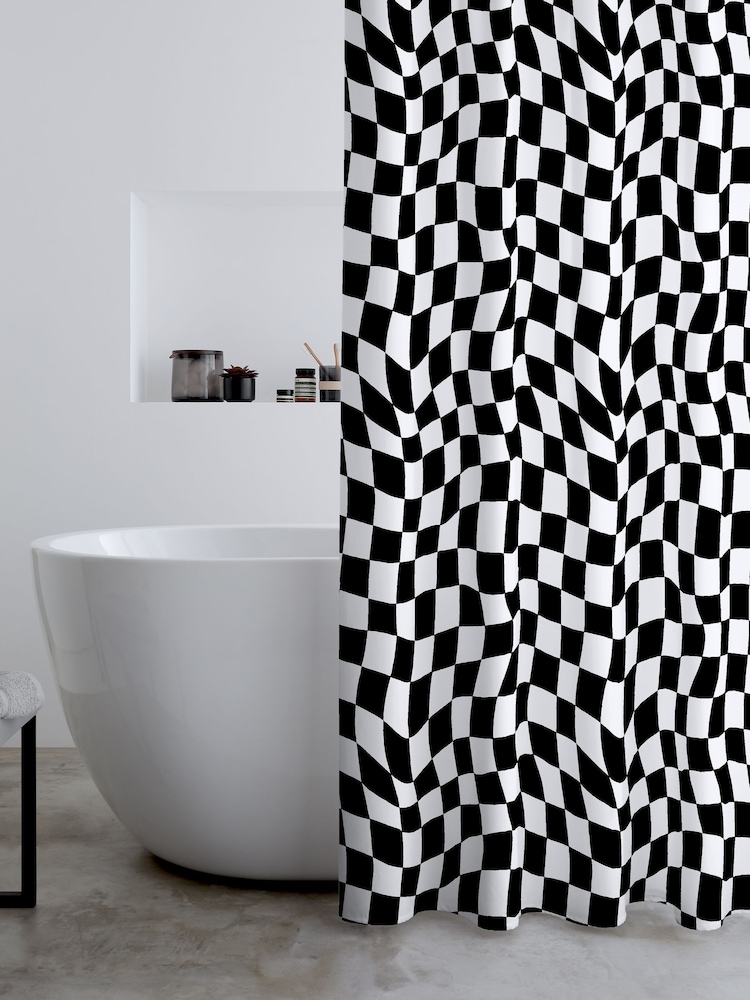 Catherine Lansfield Black White Checkerboard Shower Curtain Panel - Image 2 of 2