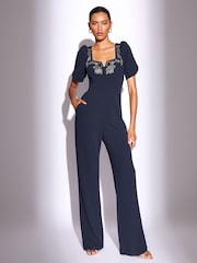 Lipsy Navy Petite Puff Sleeve Embellished Appliqué Jumpsuit - Image 1 of 4
