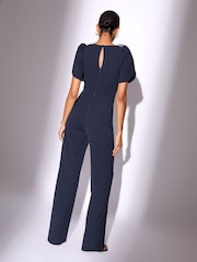 Lipsy Navy Petite Puff Sleeve Embellished Appliqué Jumpsuit - Image 4 of 4