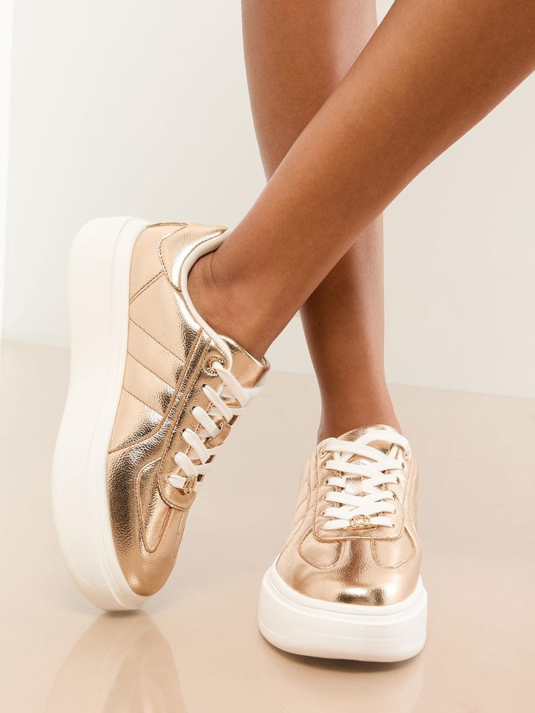 Lipsy Gold Chunky Platform Lace Up Trainers - Image 1 of 4 Lipsy Gold Chunky Platform Lace Up Trainers - Image 1 of 4