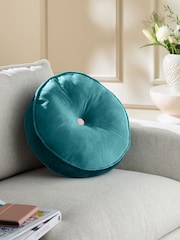 Teal Blue Matte Velvet Contrast Pipe Round Cushion - Image 1 of 6