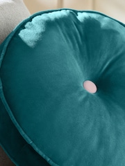 Teal Blue Matte Velvet Contrast Pipe Round Cushion - Image 2 of 6