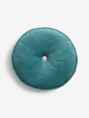 Teal Blue Matte Velvet Contrast Pipe Round Cushion - Image 4 of 6