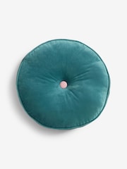 Teal Blue Matte Velvet Contrast Pipe Round Cushion - Image 5 of 6