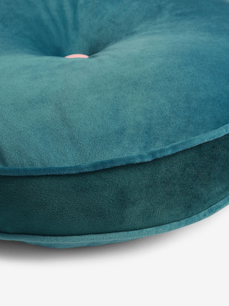 Teal Blue Matte Velvet Contrast Pipe Round Cushion - Image 6 of 6
