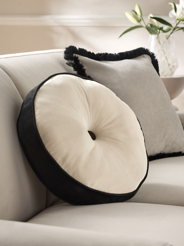 Oatmeal Matte Velvet Contrast Pipe Round Cushion - Image 1 of 6