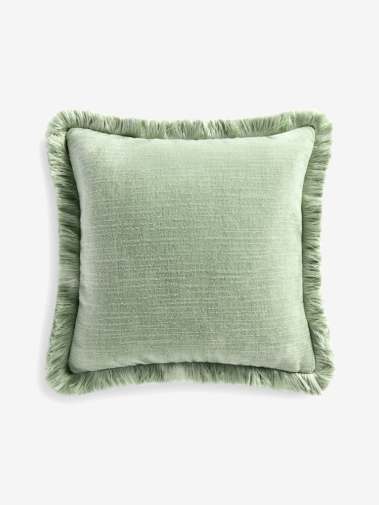 Sage Green Chunky Fringe Velvet Chenille 50 x 50cm Reversible Cushion - Image 1 of 2