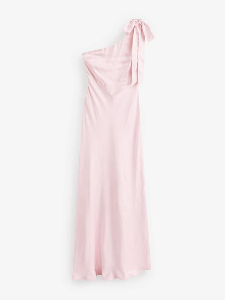 Six Stories Pink Bow One Shoulder Satin Bridesmaid Dress - Image 6 of 6 Six Stories Pink Bow One Shoulder Satin Bridesmaid Dress - Image 6 of 6