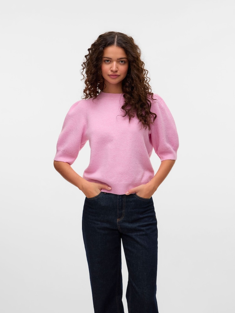 VERO MODA Pink Round Neck Puff Sleeve Knitted Jumper - Image 1 of 6