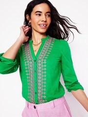 Boden Green Embroidered Frill Neck 100% Cotton Blouse - Image 1 of 5