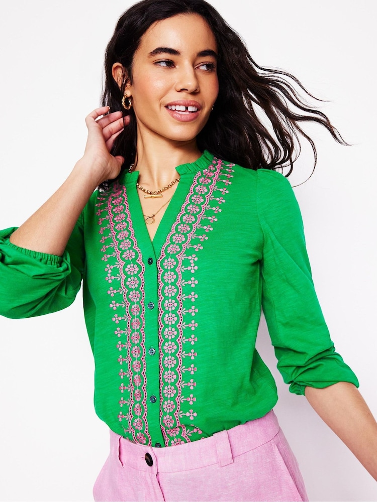 Boden Green Embroidered Frill Neck 100% Cotton Blouse - Image 1 of 5