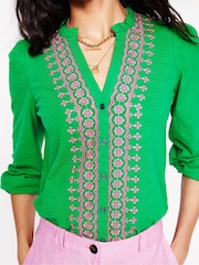 Boden Green Embroidered Frill Neck 100% Cotton Blouse - Image 3 of 5