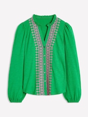 Boden Green Embroidered Frill Neck 100% Cotton Blouse - Image 5 of 5