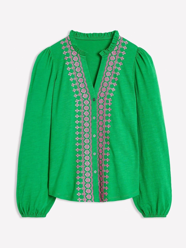 Boden Green Embroidered Frill Neck 100% Cotton Blouse - Image 5 of 5