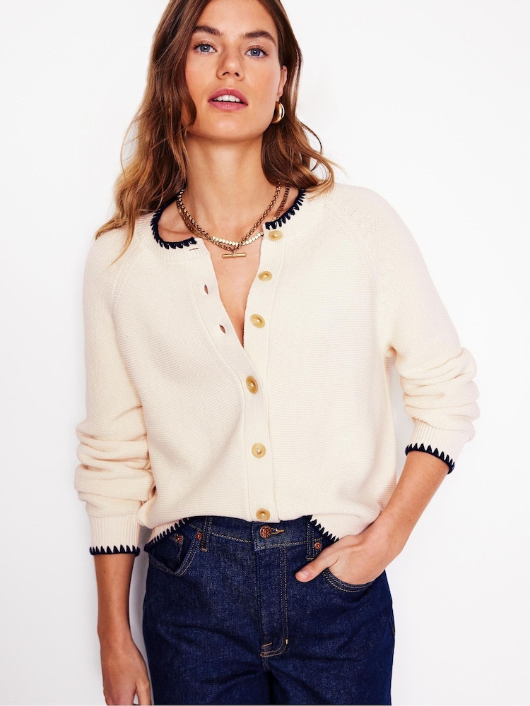 Boden Cream Lena Stitch Detail 100% Cotton Cardigan - Image 1 of 6