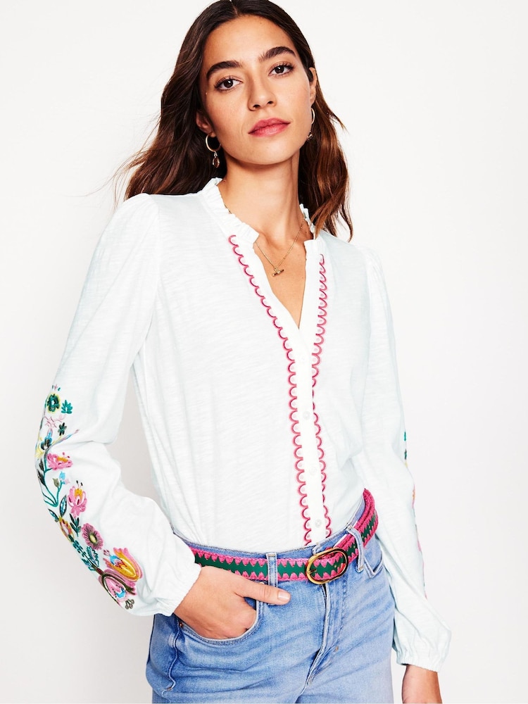 Boden White Embroidered Frill Neck 100% Cotton Blouse - Image 1 of 5