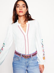 Boden White Embroidered Frill Neck 100% Cotton Blouse - Image 4 of 5