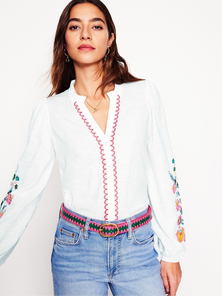 Boden White Embroidered Frill Neck 100% Cotton Blouse - Image 4 of 5