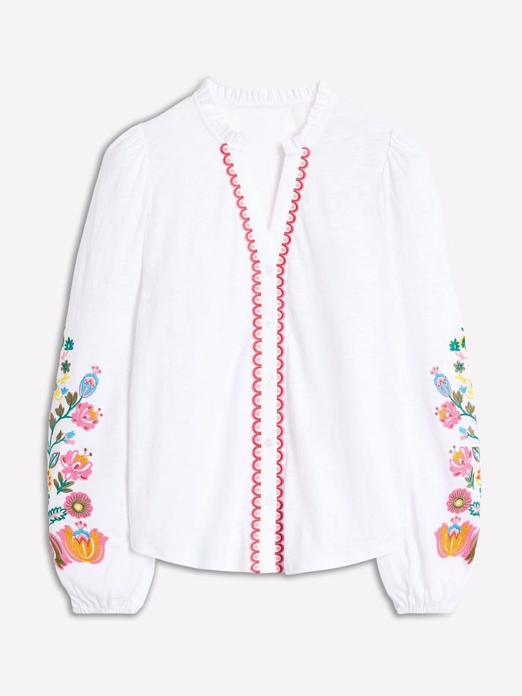 Boden White Embroidered Frill Neck 100% Cotton Blouse - Image 5 of 5
