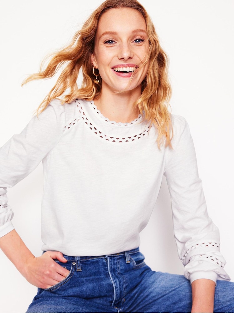 Boden White Daisy Long Sleeve 100% Cotton Top - Image 1 of 6