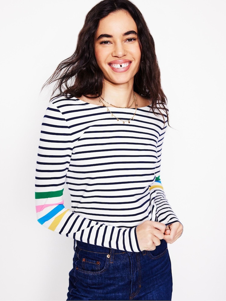 Boden Cream Ella Long Sleeve Breton 100% Cotton T-Shirt - Image 1 of 5 Boden Cream Ella Long Sleeve Breton 100% Cotton T-Shirt - Image 1 of 5