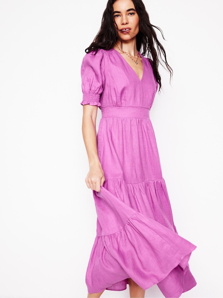 Boden Purple Anna Tiered Linen Midi Dress - Image 1 of 5