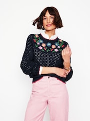 Boden Blue Embroidered 100% Cotton Jumper - Image 4 of 6