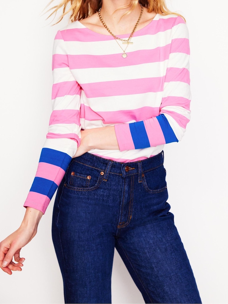 Boden Pink Ella Long Sleeve Breton 100% Cotton T-Shirt - Image 2 of 5