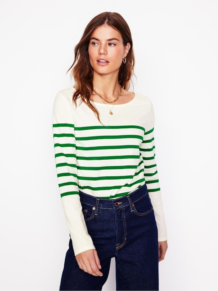 Boden Green Ella Long Sleeve Breton 100% Cotton T-Shirt - Image 1 of 6 Boden Green Ella Long Sleeve Breton 100% Cotton T-Shirt - Image 1 of 6