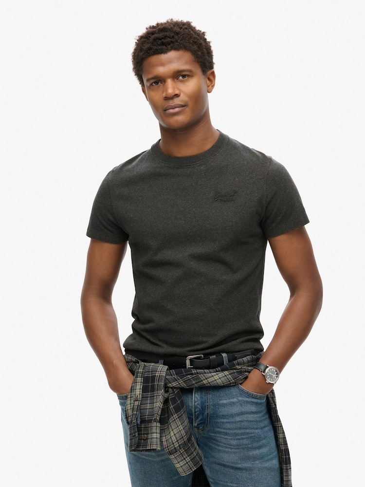 Superdry Raven Black Marl Essential Logo Embroidery T-Shirt - Image 1 of 6