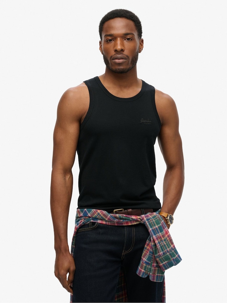 Superdry Black Essential Logo Slim Fit Vest Top - Image 1 of 6 Superdry Black Essential Logo Slim Fit Vest Top - Image 1 of 6