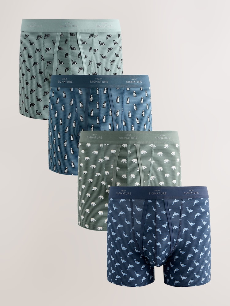 Blue Winter Animal Pattern 4 pack Signature A-Fronts Boxers - Image 1 of 8 Blue Winter Animal Pattern 4 pack Signature A-Fronts Boxers - Image 1 of 8