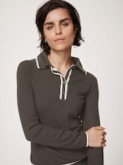Mint Velvet Khaki Contrast Trim Polo Shirt - Bild 3 von 8